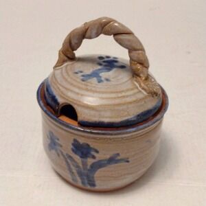 Vintage Artisan Terracotta Pottery Jam Jar Lid Hand Painted Basket Earthenware